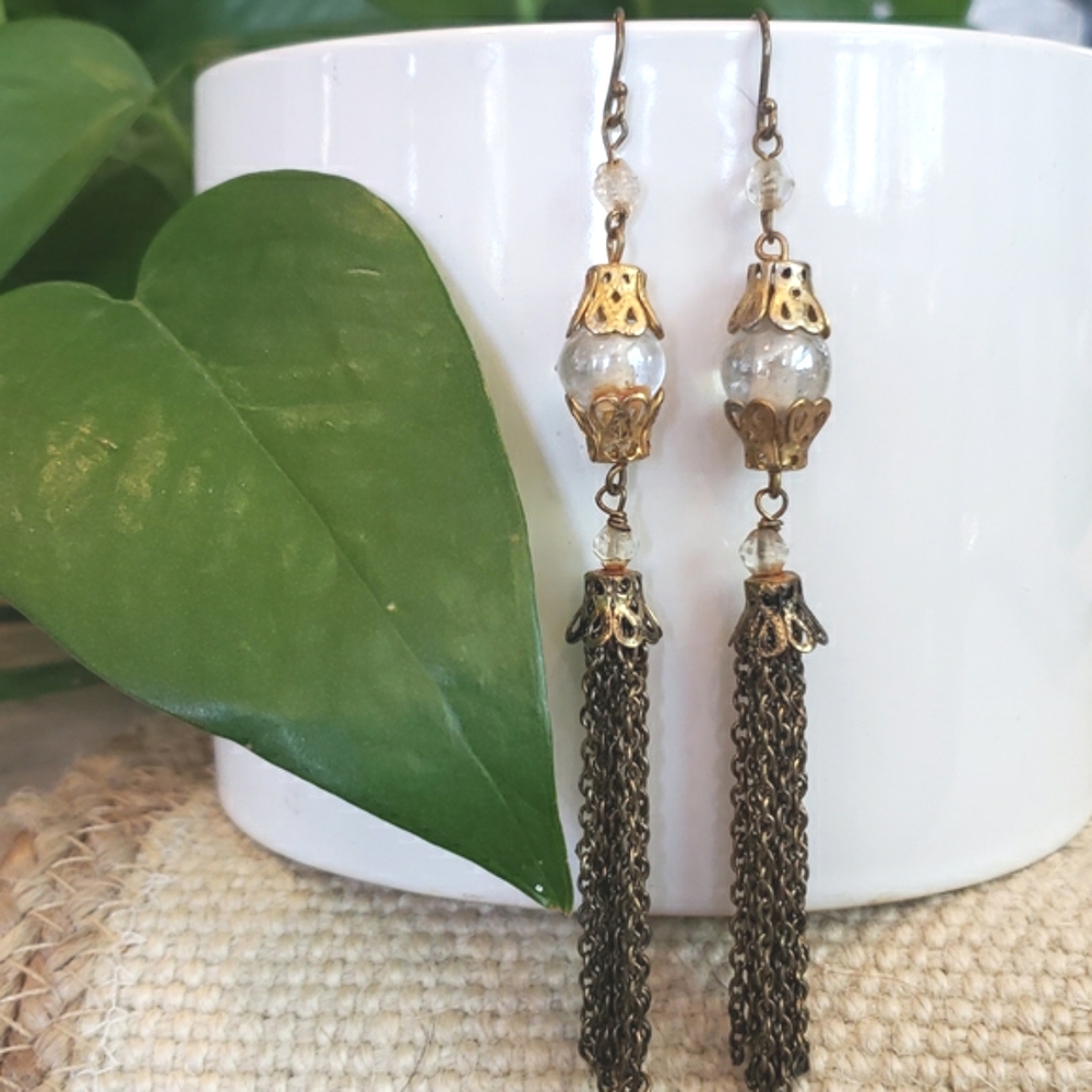 Vintage Gold Brass Chain Tassel Earrings • Marble Bead • Boho Statement Dangles